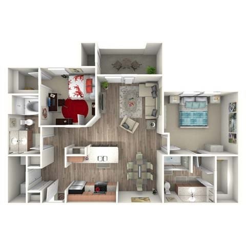 Floor plan for 2 beds, 2 baths, 1005 sqft